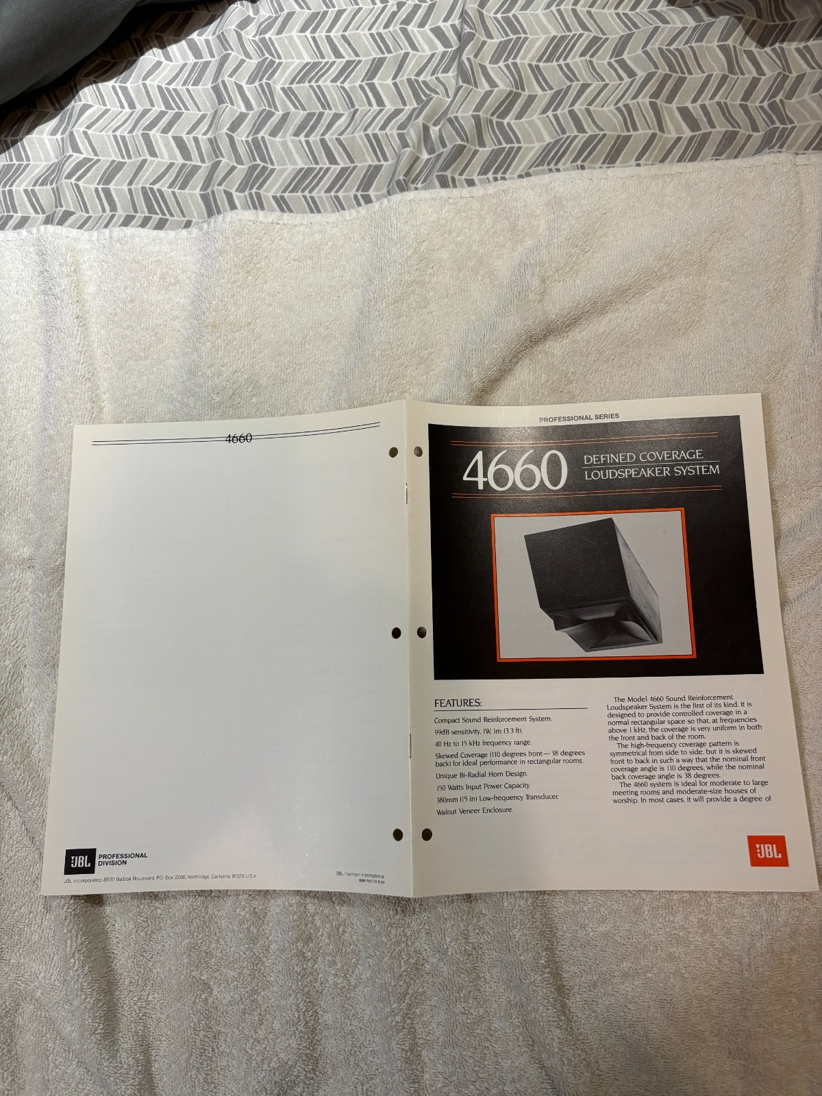 ORIGINAL JBL SALES BROCHURE FLYER TECHNICAL DATA SALESMAN 4660  STUDIO  SPEAKER