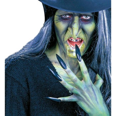 Lange schwarze Hexennägel 10er Set für Halloween Kostüme mit Klebepads