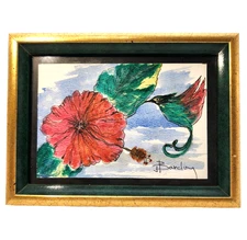 Hummingbird & Hibiscus Small Framed Watercolor Artist Signed J Barclay? 8"x6"