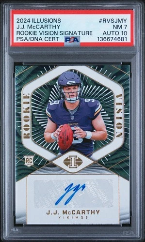 2024 PANINI ILLUSIONS ROOKIE VISION SIGNATURES JJ MCCARTHY 185/199 PSA 7 AUTO 10