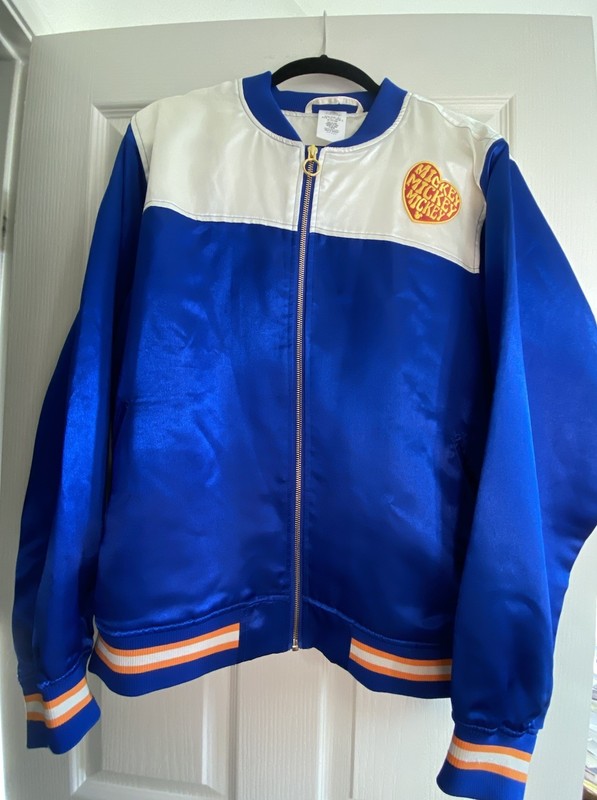 Disney Mickey Mouse Varsity Blue Satin Bomber Jacket Adults Size Large