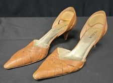 PRADA Walnut Brown Woven Leather Pointed Toe d'Orsay Wood Heel Pumps 39.5