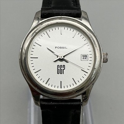 Fossil Womens Watch 28mm Silver Tone Black Leather Date GGP Logo New Battery