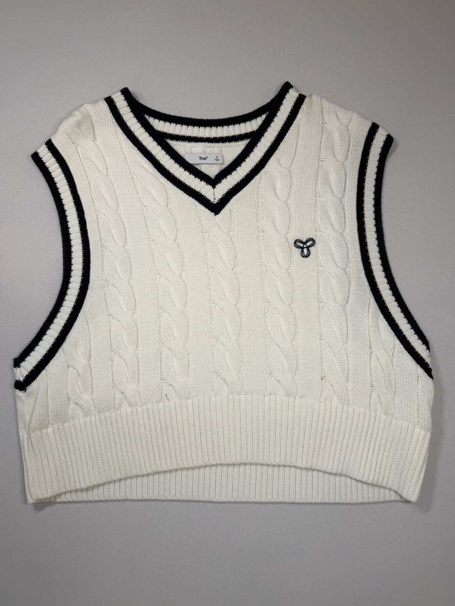 Tna Cable-Knit Sweater Vest White Black Contrast Trim Sleeveless V