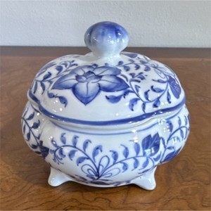 Andrea by Sadek Blue Floral Porcelain Trinket Box with Lid, 4.5" Tall, 6" Wide