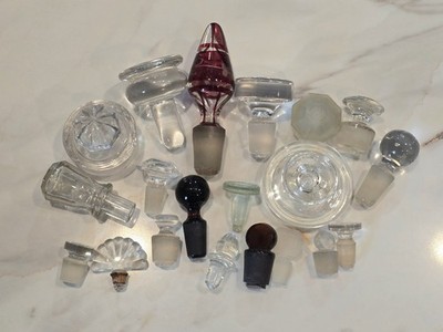Vintage Glass Decanter & Bottle Stoppers,  Various Shapes & Sizes, Lot Of 20