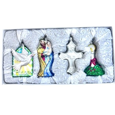Holy Family Ornament Set 4 Kurt Adler Noble Gems Glass 3-4 Inch Boxed Religious
