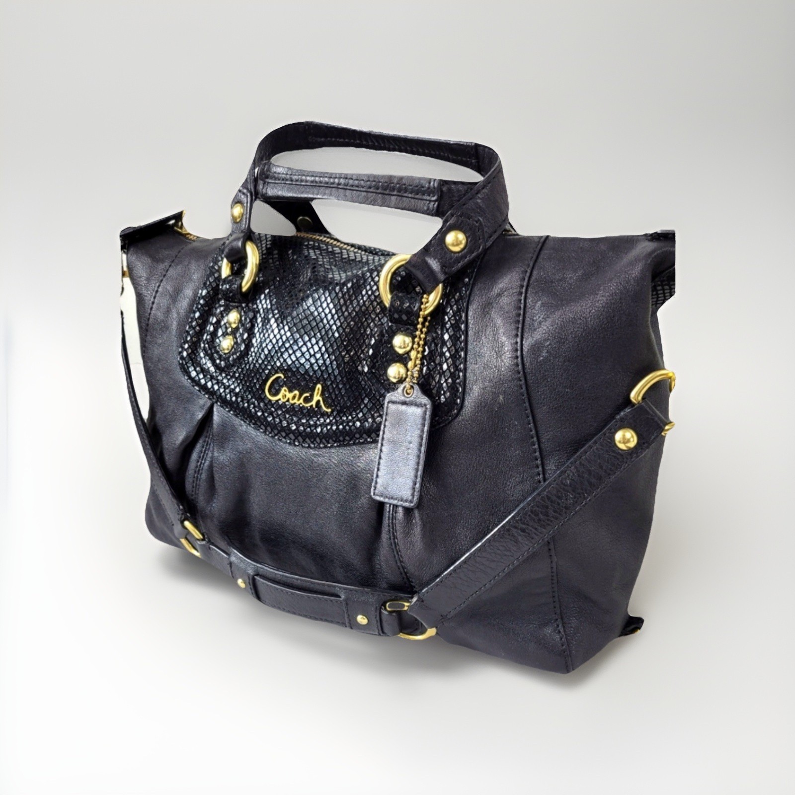 Coach Ashley Black Leather Satchel Python emboss Shoulder Bag 19247