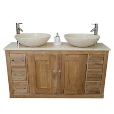 Bathroom Vanity Twin Set Cabinet Double Twin Sink Bowl Basin & Cream Marble Unit