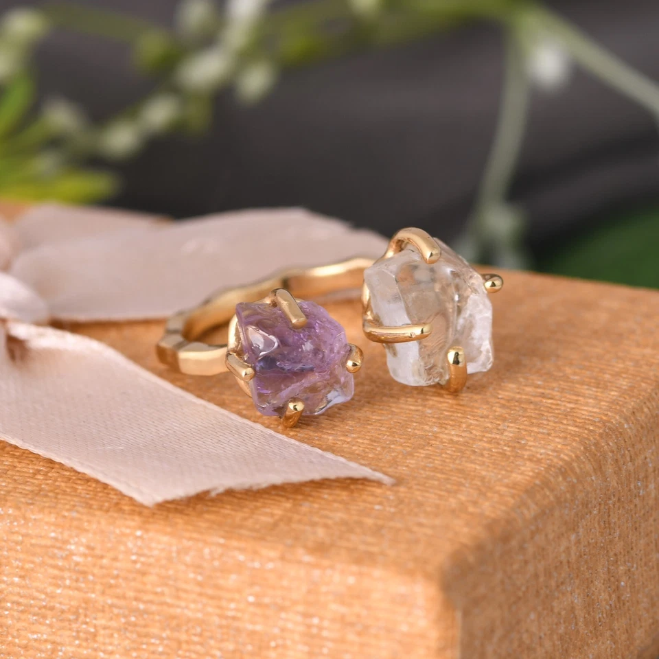 Anillo de compromiso ajustable martillado enchapado en oro de 18k doble piedra anillo de compromiso de plata 925 Foto 3 de 4