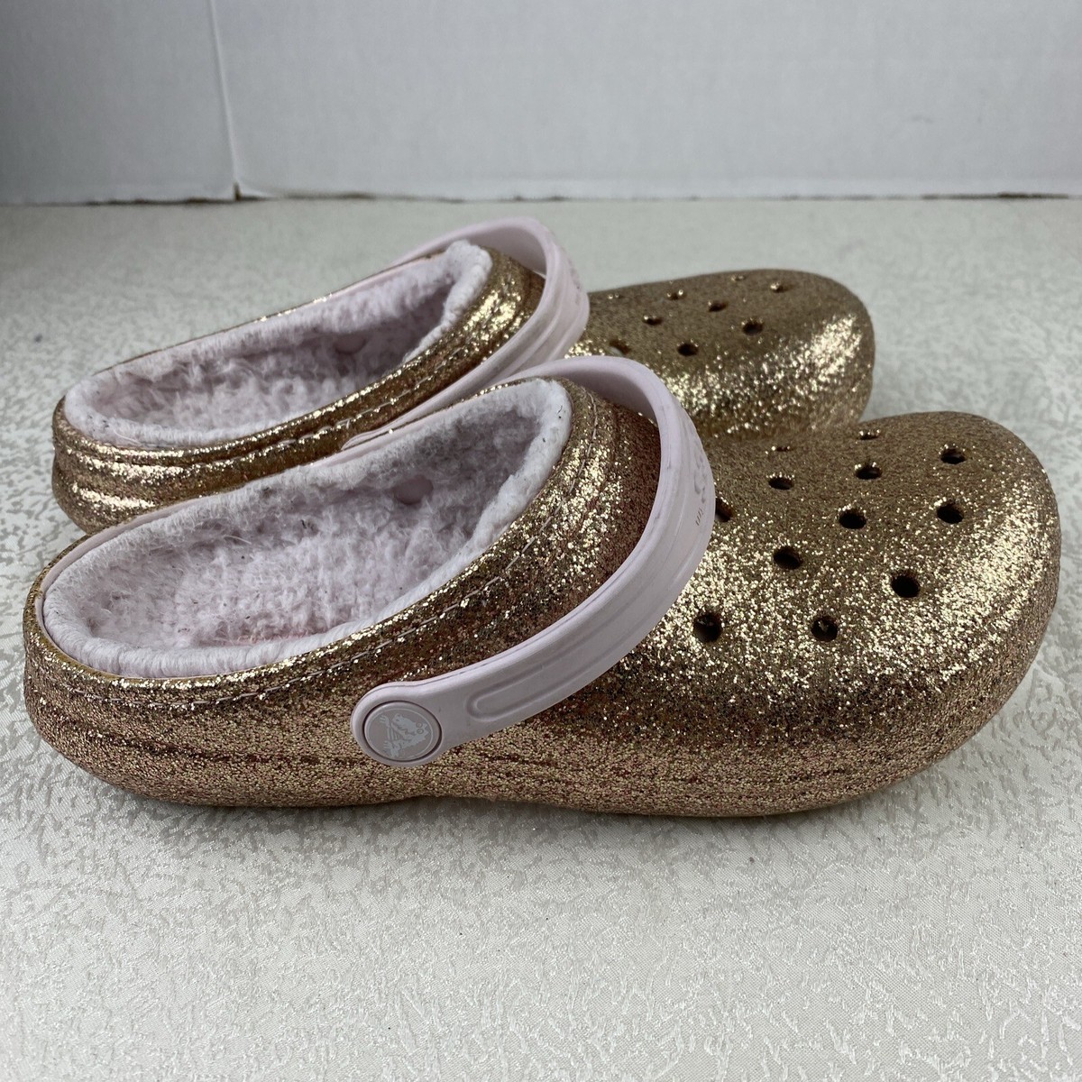 Crocs Classic Rose Gold Glitter Pink Lined Clog Size 5 Youth  display picture 3