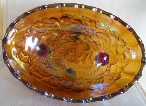 Vintage Indiana Iridescent Carnival Glass Harvest Grape Gold/Amber Oval Bowl 12" - Picture 7 of 12