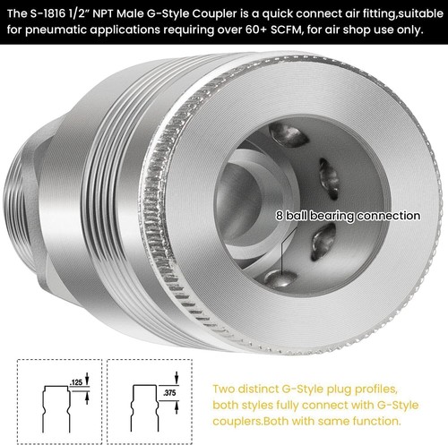 For Milton S1816 G Style 1/2" NPT Male Air Coupler Pneumatic 60+ SCFM Air Shop - Picture 5 of 12
