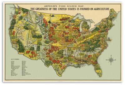 Armour's United States USA Food Source MAP circa 1922 Cattle Agriculture 24x36