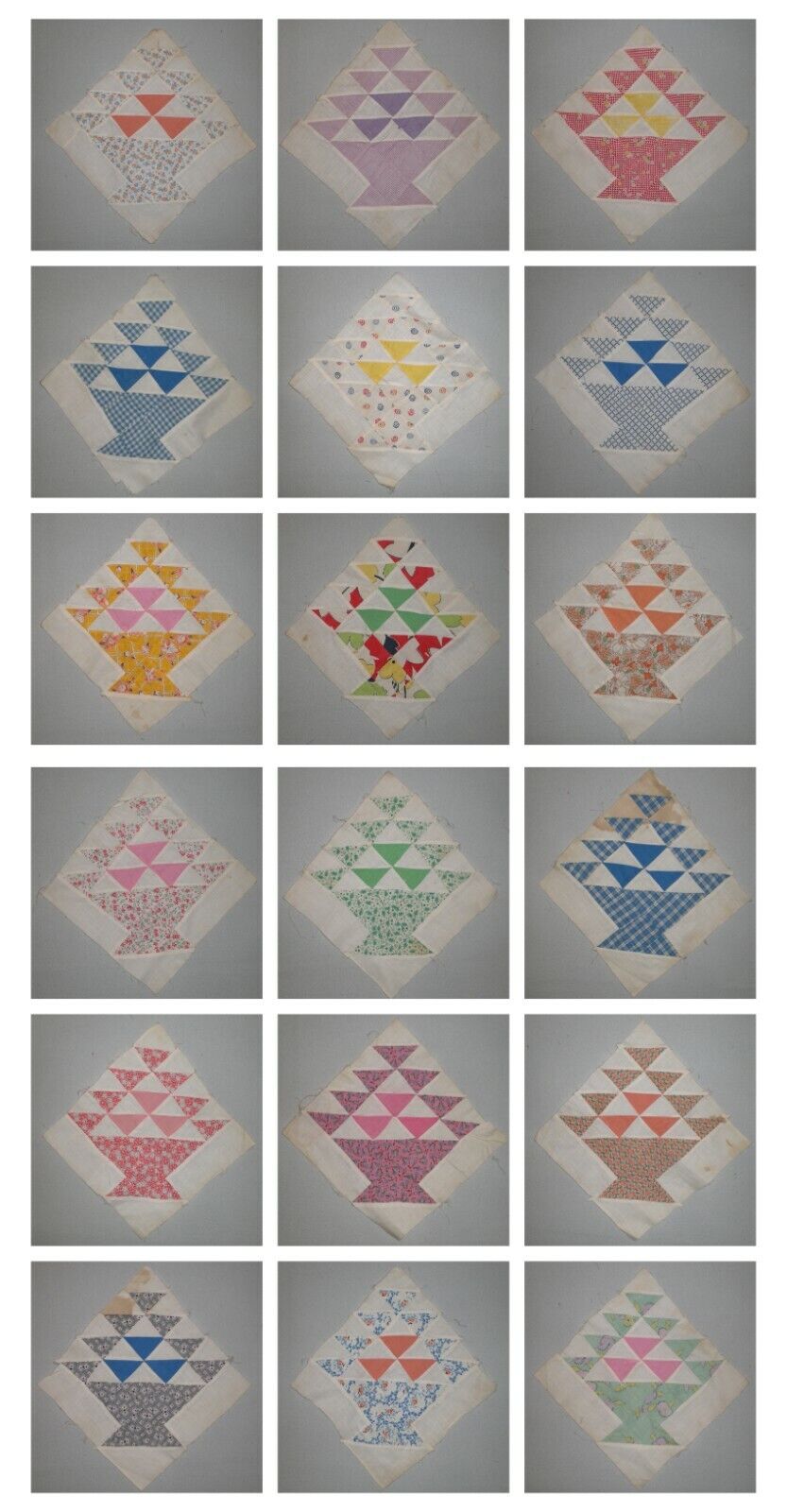 Quilt Blocks Fruit Basket Of Triangles Set Of 18 Realistic Vintage Cottons 1940s