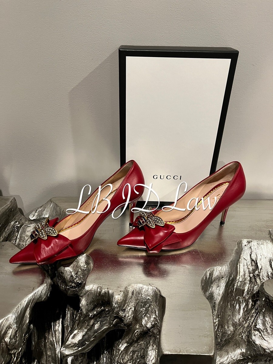 GUCCI Leather Mid-Heel Pumps with Bow Red Jeweled PEARL GUCCI Leather Mid-Heel Pumps with Bow Red Jeweled PEARL