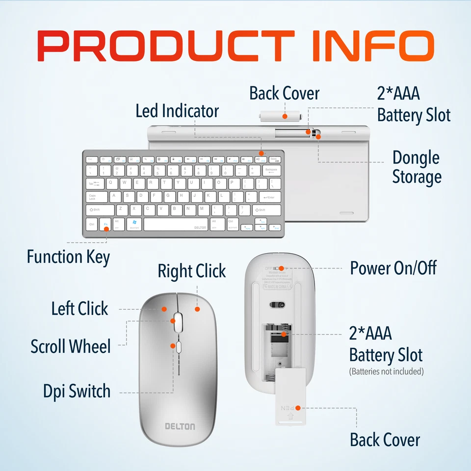 Delton N35 Mini Wireless Keyboard and Optical Mouse Combo - Silver/White - Image 4 of 4