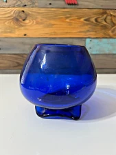 Art Glass Cobalt Blue Vase Handkercheif Bottom Heavy51/2"x 5 1/2"