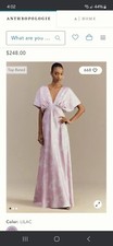 Anthropologie-BHLDN Leila Deep-V Flutter-Sleeve Satin A-Line Gown-Lilac Size 14