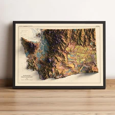 Washington Map, Washington 2D Relief Map, Washington Vintage Map - 2D Flat Print