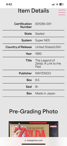 The Legend of Zelda A Link to the Past WATA 8.5 | Sealed | SNES | Not VGA or CGC - Picture 4 of 4