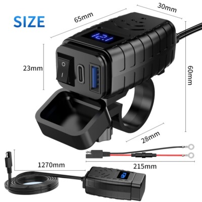 QC3.0+PD Motorcycle Dual USB Phone GPS Fast Charger Adapter Voltmeter Waterproof