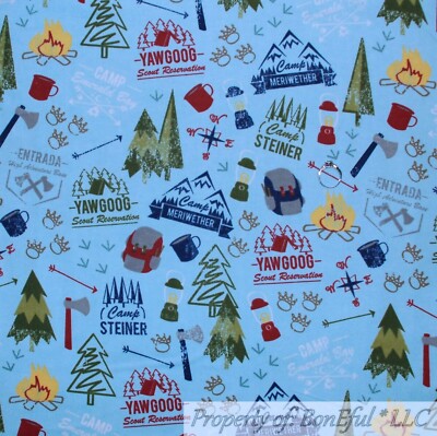 BonEful Fabric FQ Cotton Quilt Flannel Blue Camp Fire Forest Tree Scenic Tent US