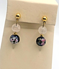 Vintage Rose Quartz & Floral Cloisonné Bead Drop Earrings