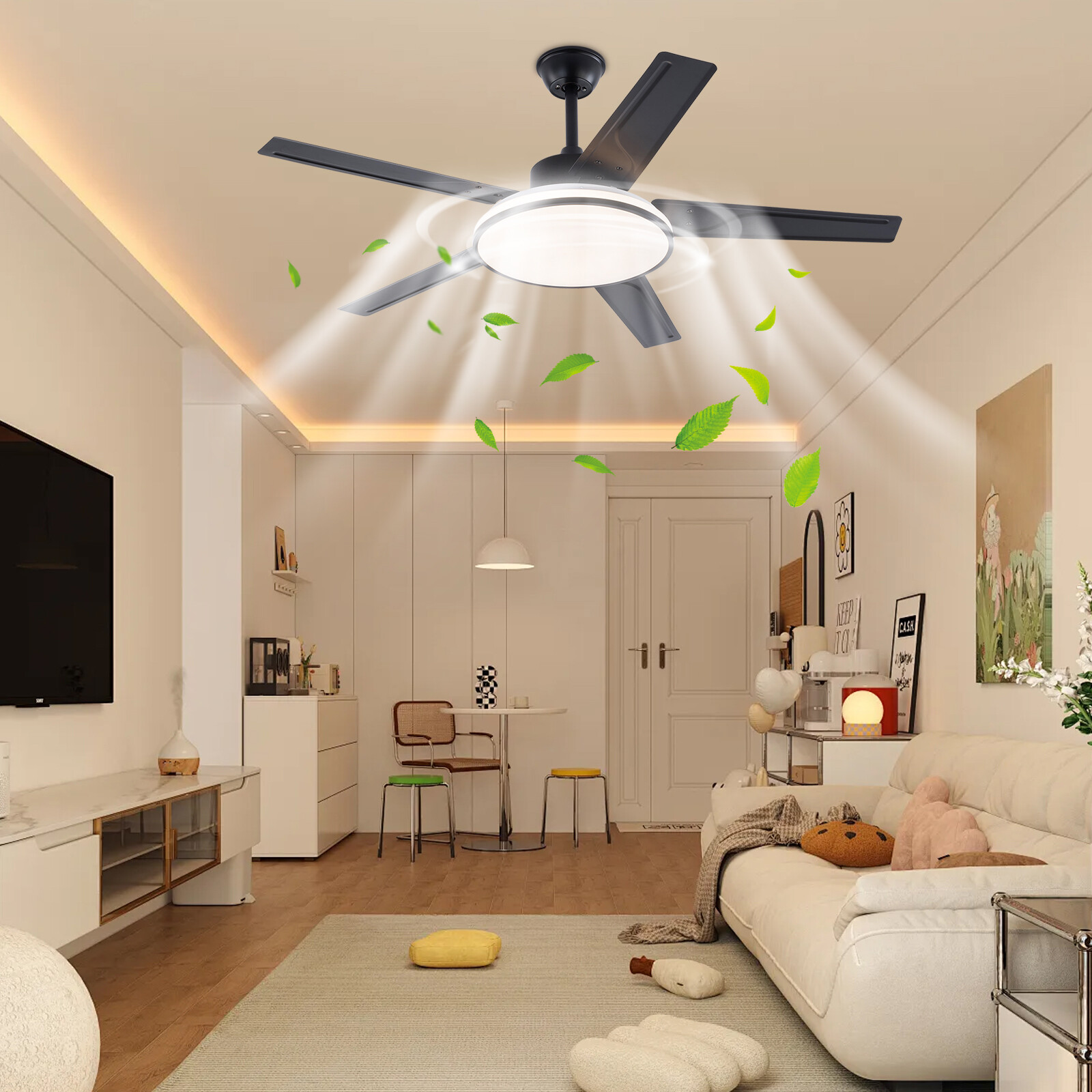 52in LED Ceiling Fan with Remote 6 Speeds 3 Light Colors 5 Blades  