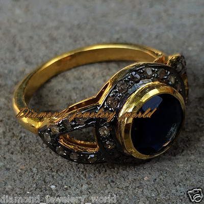 Gorgeous 0.89ctw Rose Cut Diamond Sapphire Studded Silver Victorian Ring Jewelry