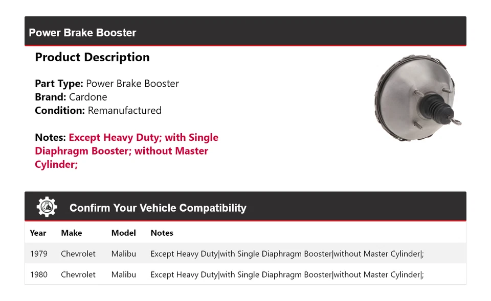 Para Chevrolet Malibu 1979-1980 Power Brake Booster Cardone Foto 2 de 4