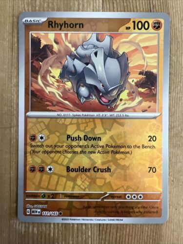 Pokémon TCG Rhyhorn Scarlet & Violet - 151 111/165 Reverse Holo Common NM - Picture 1 of 2
