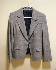 Anne Klein Women  s Gray Plaid Short Blazer Jacket Button-Front Lined Pockets S