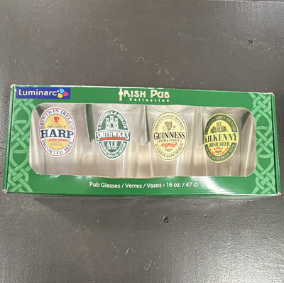 Luminarc Irish Pub Collection Set of 4 16 oz Pub Glasses Harp Guinness