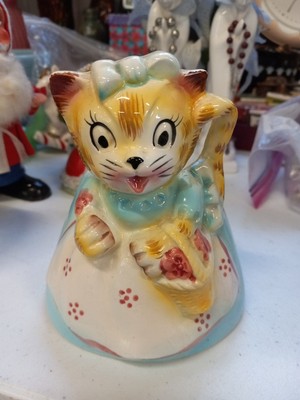 Rare Miss Kitty Cat Planter Lefton ? Blue Dress And Basket Flowers Napco ? Anthr