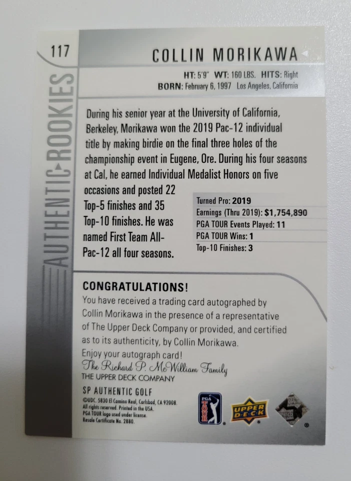 Collin Morikawa 2012 SP Authentic Golf RC On Card Auto /299 - Image 4 of 4