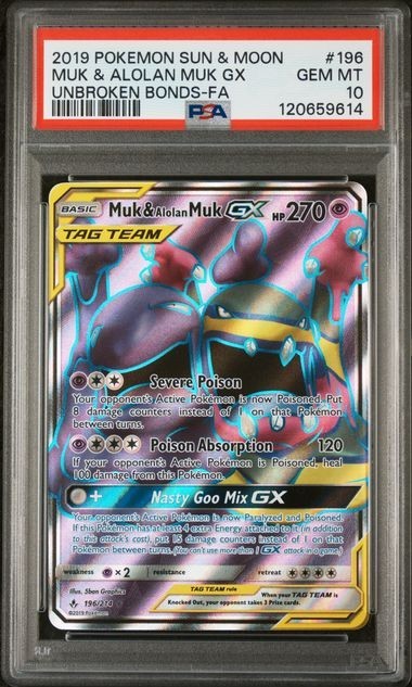 2019 POKEMON SUN & MOON UNBROKEN BONDS #196 MUK & ALOLAN MUK GX PSA 10