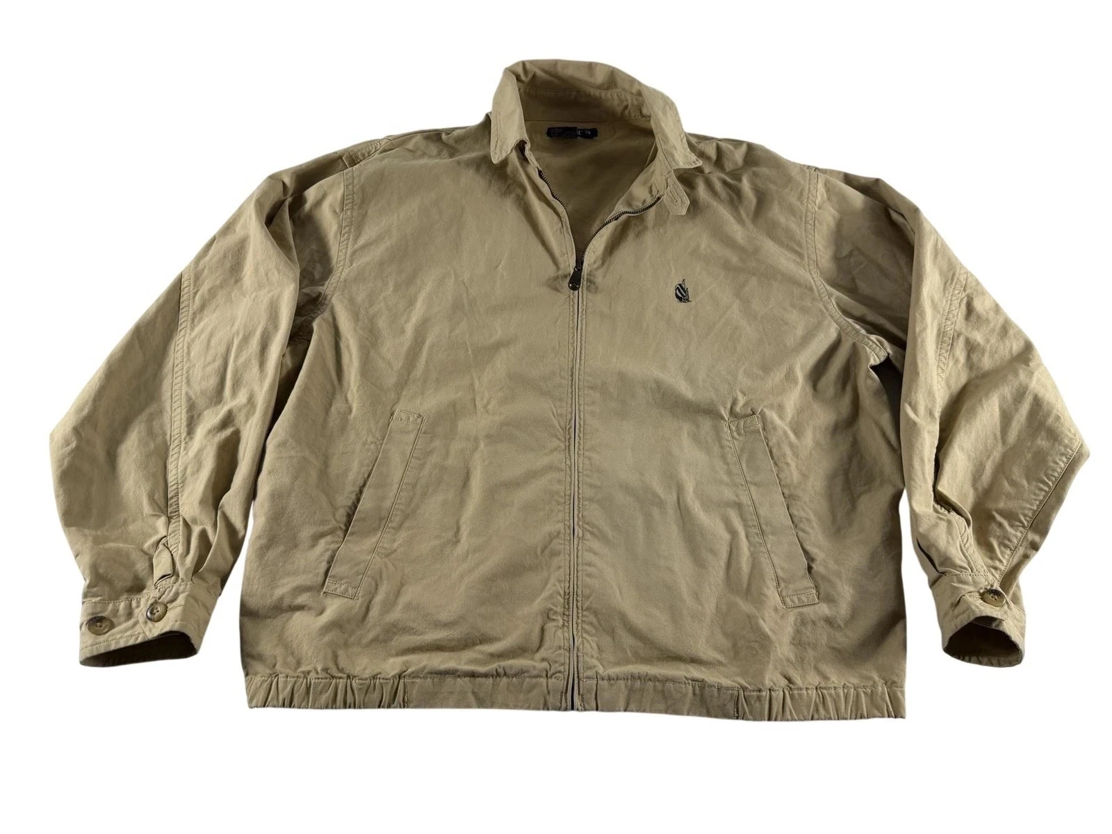 Vtg Nautica Jacket Mens L Beige Cotton Canvas Full Zip Windbreaker Stand Collar