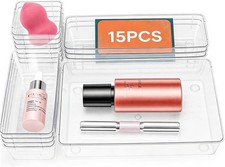 15 Pack Clear Plastic Drawer Organizer Set-4 Sizes Makeup Vanity Organizer Chest