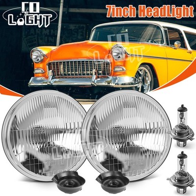 7 Inch Halog GLASS Headlight Round, ORIGINAL CLASSIC LOOK Conversion Chrome pair