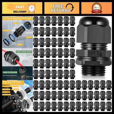 200 Pcs 3/4'' NPT Waterproof Nylon Cable Glands, Adjustable Locknut Connectors, I