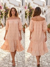 GUESS Off Shoulder Eyelet Peach Ruffle Short Dress M Puff Sleeve 100% Cotton.