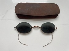 Antique Pince Nez Glasses Fingerpiece w/ Hinged Temples Rimless Oval Dark Lenses