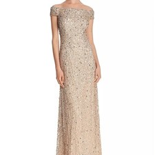 Adrianna Papell Women's Off the Shoulder Beaded Gown Dress, Champagne, 299 8