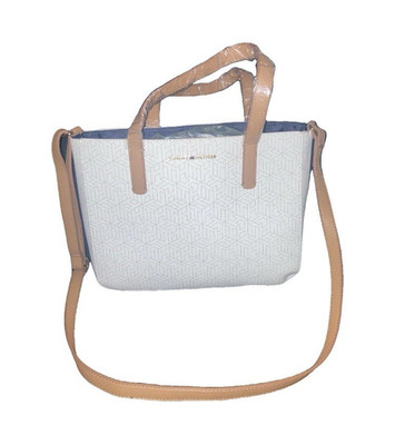 Tommy Hilfiger Geometric White Beige Tote Bag with Double Handles & Zip Closure