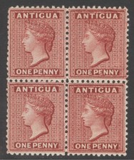 SG 24 Antigua 1884. 1d carmine-red, perf 12. Fine unmounted mint block of 4...