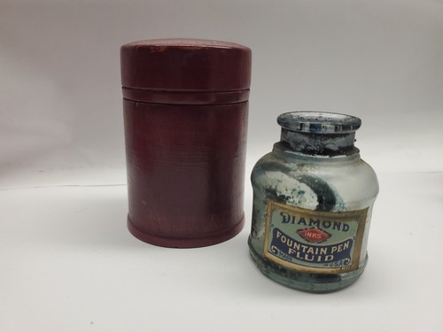 Antique Travelers Ink Wooden Screw Lid Case And Diamond Ink 1 1/2 Oz Glass Jar