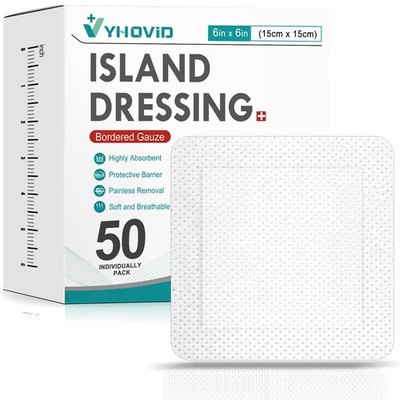 50 Count Island Dressing Bordered Gauze 6'' x 6'', 6'' x 6''(50 PCS), White