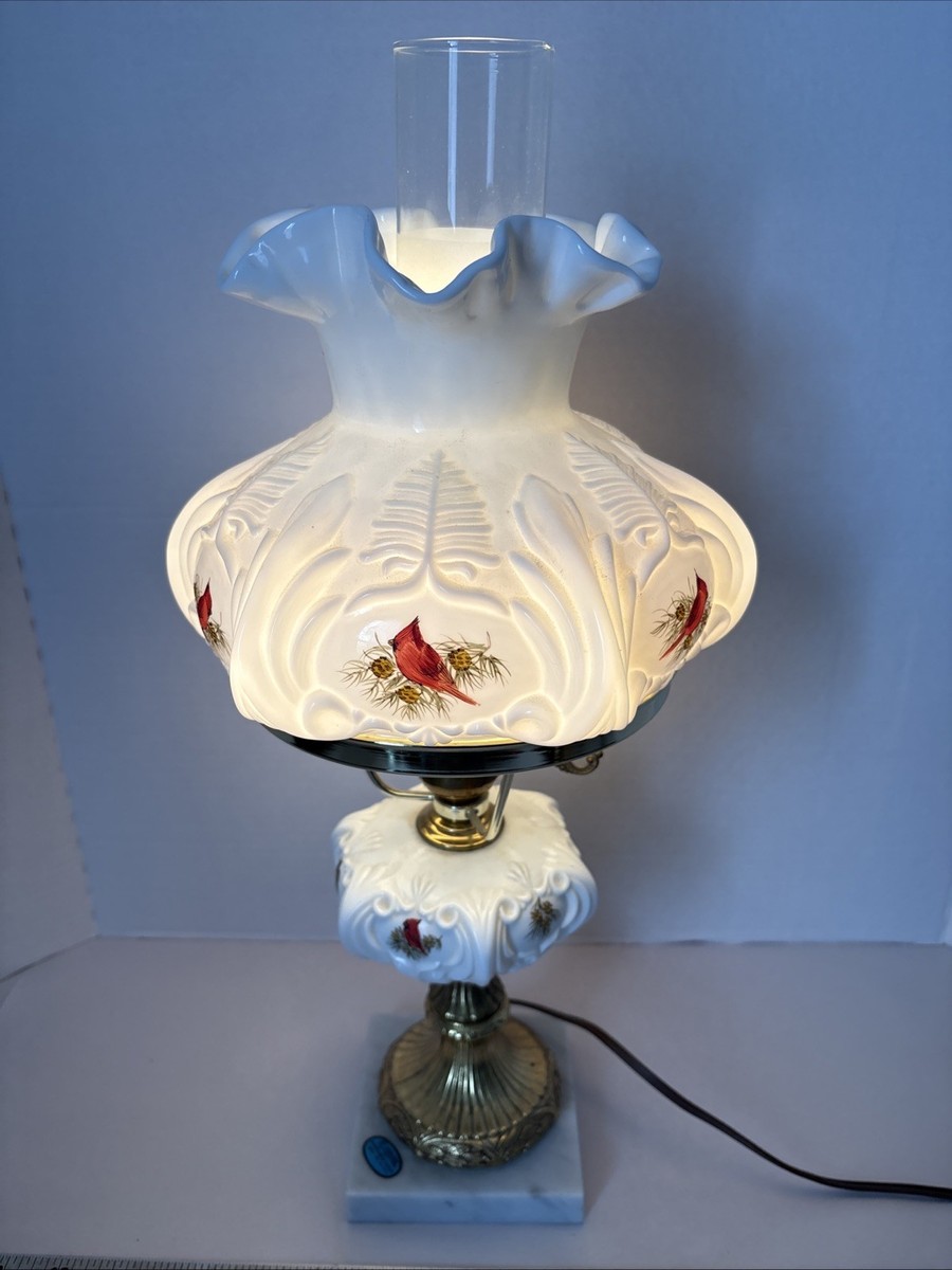 Fenton Cardinals Winter Signed Jim Andrick Student Lamp Milk Glass