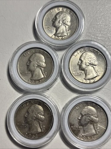 1943-1964-D US Silver Quarter Lot x5 90% Silver Good Condition Nice Dates